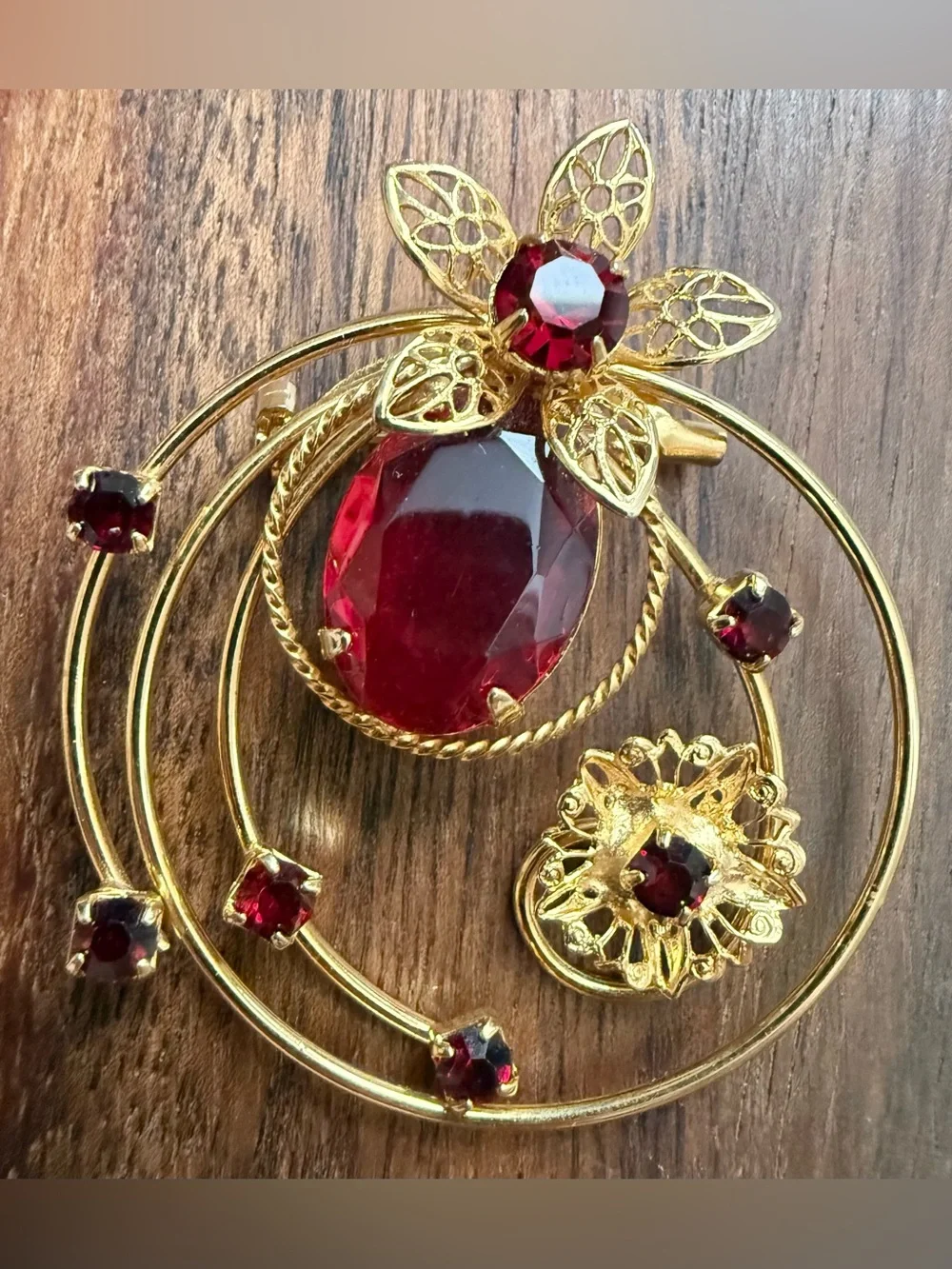 Vintage Gold Tone and Red Floral Crystal Brooch with Matching Clip Earrings